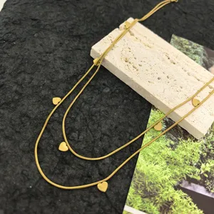 Double layer gold necklace with cute heart pendants elegant titanium steel clavicle jewelry