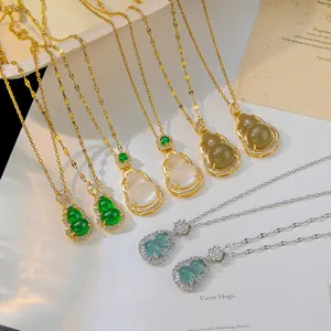 New Chinese Style Gourd Pendant Necklace Titanium Steel Synthetic Chalcedony Rhinestone Inlaid Necklace For Women Vintage Luxury Elegant Neck Jewelry
