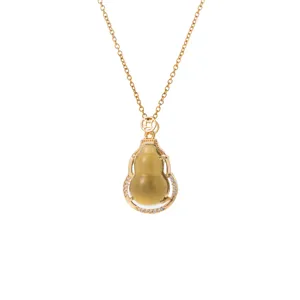 New Chinese style faux jade gourd pendant titanium steel gold necklace for women chic jewelry