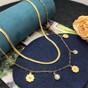 Double Layered Stacking Lucky Clover Titanium Steel Necklace For Women Gold Plated Camellia Flower Pendant Necklace Jewelry Gift