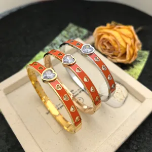 Fashion Titanium Steel Enamel Heart Bangle Bracelet For Women Luxury Elegant Rhinestone Inlaid Geometric Open Cuff Bangle Jewelry Gift