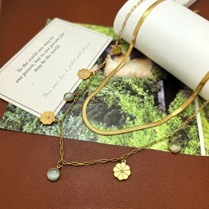 Double layer gold titanium steel necklace with clover flower and round stone charms for women