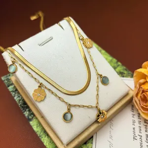 Minimalist double layer titanium steel necklace with clover charms and green stone pendants stylish.