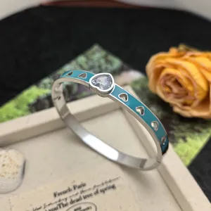 Titanium steel blue enamel heart rhinestone bangle bracelet for women chic fashion daily wear