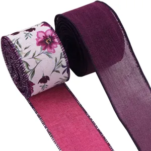 Burgundy Floral Wired Ribbon Faux Linen Fabric Decorative Ribbon For Gift Wrapping Christmas Wreath Bows Home Party Decor