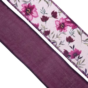 Purple floral wired ribbon, mesh burlap ribbon for gift wrapping, holiday wreath and home decor.
