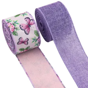 Cinta Alambrada Rústica Efecto Lino Violeta Estampado Floral Mariposa Decorativa Rollo de Cinta de Arpillería para Guirnalda Lazo Envoltura de Regalos Decoración Hogar