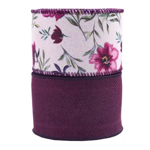 Purple floral wired ribbon and solid burlap ribbon set for gift wrapping, home decor, bows.