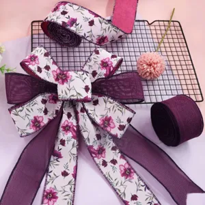 Purple floral wired ribbon for gift wrapping, crafts, large bow, and home decoration use.