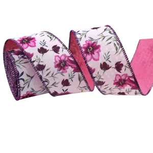 Purple floral wired ribbon detail shot, perfect for gift wrapping and home decoration crafts.
