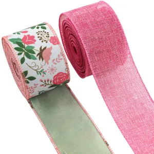 Faux Linen Wired Edge Ribbon Rose Red Floral Pattern Polyester Decorative Ribbon For Gift Wrapping Home Wedding Garland DIY Bows Craft Ribbon