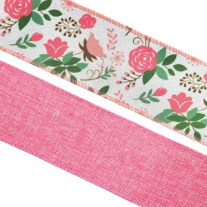 Closeup of pink floral wired ribbon and solid burlap ribbon for gift wrapping decor.
