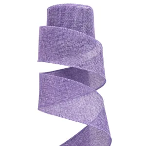 Cinta de lino sintetico purpura con borde de alambre para envolver regalos y decoracion.