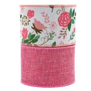 Pink wired burlap ribbon set with floral print and solid fabric rolls for gift wrapping crafts