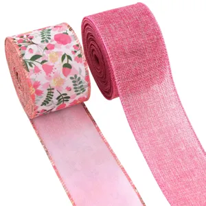 Rustic Linen-Like Wired Ribbon Rose Red Floral Printed Burlap Ribbon With Overlocked Edge For Gift Wrapping Wreath Bows Home Party Decoration