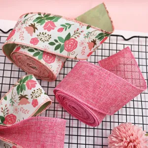 Floral wired ribbon and pink burlap ribbon set for gift wrapping and home decoration DIY craft.