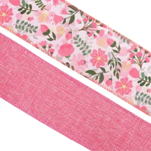 Pink floral wired ribbon detail close up, perfect for gift wrapping and home decor crafts.