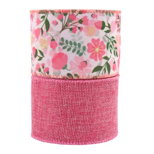 Pink floral wired ribbon and solid rose red burlap ribbon set for gift wrapping crafts 2 rolls