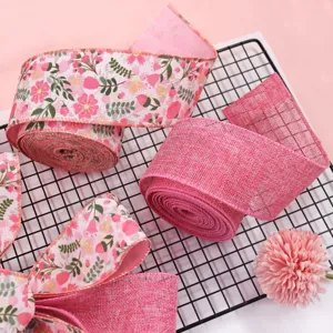 Pink floral wired ribbon and solid burlap ribbon for gift wrapping, crafts, and home decor.