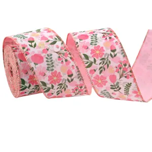Pink floral wired ribbon detail shot, perfect for gift wrapping and home decoration bows.