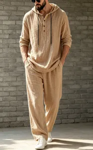 Men's casual linen hooded henley shirt and long pants set detail view, comfortable beige fabric.
