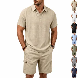 Herren Sommer Leinen Polo Shirt Und Cargo Shorts Top And Bottom American Casual Outdoor Strand Atmungsaktives Outfit
