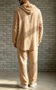 Back detail of men casual loose linen hooded shirt and long pants matching set for autumn.