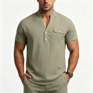 Heren linnen henley shirt korte mouw zomer casual losse top met een handige borstzak.
