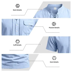Men's light blue casual linen henley short sleeve t-shirt with pocket and drawstring.