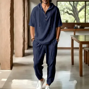 Mens linen casual hoodie short sleeve shirt and long pants set summer beach vacation outfit