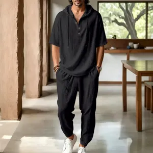 Men's casual loose linen hooded short sleeve shirt and pants set for summer beach.
