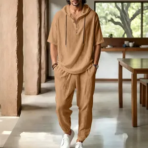Men's casual loose linen hooded short sleeve pants set, perfect for summer beach and daily wear.