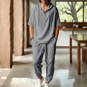 Men casual loose linen hooded short sleeve top pants set summer beach vacation breathable