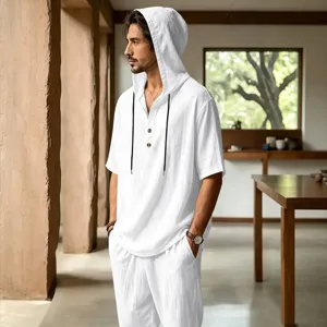 Men's casual linen hooded short sleeve shirt and pants set, breathable summer beach outfit.
