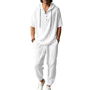 Men casual loose linen beach holiday breathable hooded henley short sleeve long pants set.