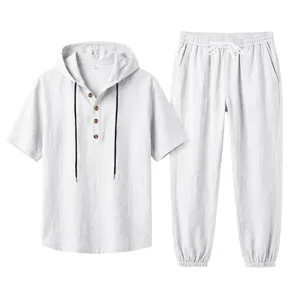White linen hooded short sleeve shirt and long pants set detail view for men beach wear.