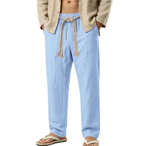 Pantalón informal de lino para hombre azul claro corte recto verano con cordón cintura