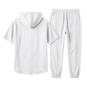 Men's casual loose linen short-sleeve hooded shirt and long pants set for summer.