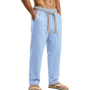 Pantalones rectos casuales de lino para hombre con cordón trenzado grueso de verano.