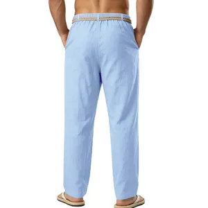 Pantalon casual de lino para hombre ligero verano corte recto con cordon en la cintura liso