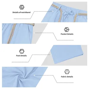 Pantalones casual lino hombre vista detalle, pantalon verano azul claro cintura bolsillo.