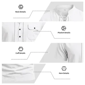 Close-up details of men casual linen henley shirt showing collar, placket and cuff design.