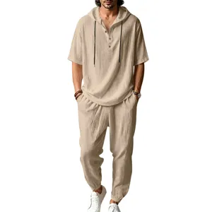 Casual men's linen short sleeve hooded top and long pants set, breathable summer beach wear.