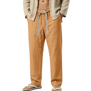 Pantalón casual ancho de lino para hombre con cordón trenzado pierna recta verano playa.