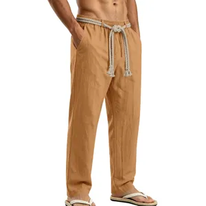 Pantalones casuales de lino para hombre cordón verano transpirable pierna recta detalle