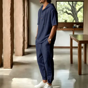 Men's casual breathable linen hooded short sleeve top and trousers set detail view.