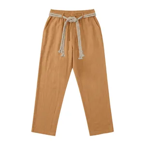 Pantalones rectos casuales de lino para hombre con cinturón de cuerda, verano cómodo.