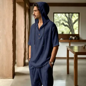 Men linen hooded short sleeve shirt pants set casual summer beach breathable streetwear