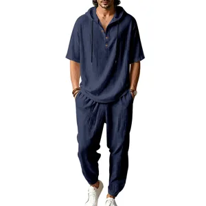 Men's casual linen hooded short sleeve shirt and pants set beach summer breathable outfit