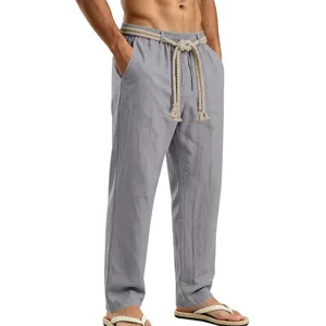 Pantalón casual gris de lino para hombre, vista detallada con cordón y bolsillos.